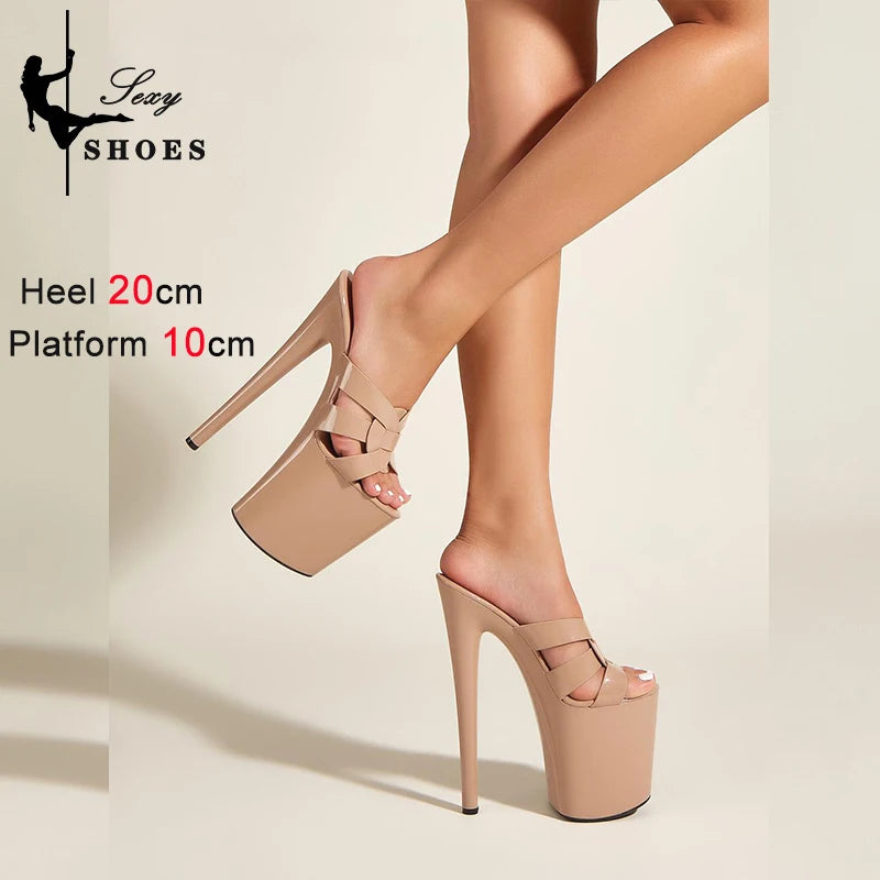Sexy Peep Toe Party Nightclub Stripper Pole DanceSuper High Heels Champagne Women Platform Sandals 20CM/8Inch Stiletto Shoes