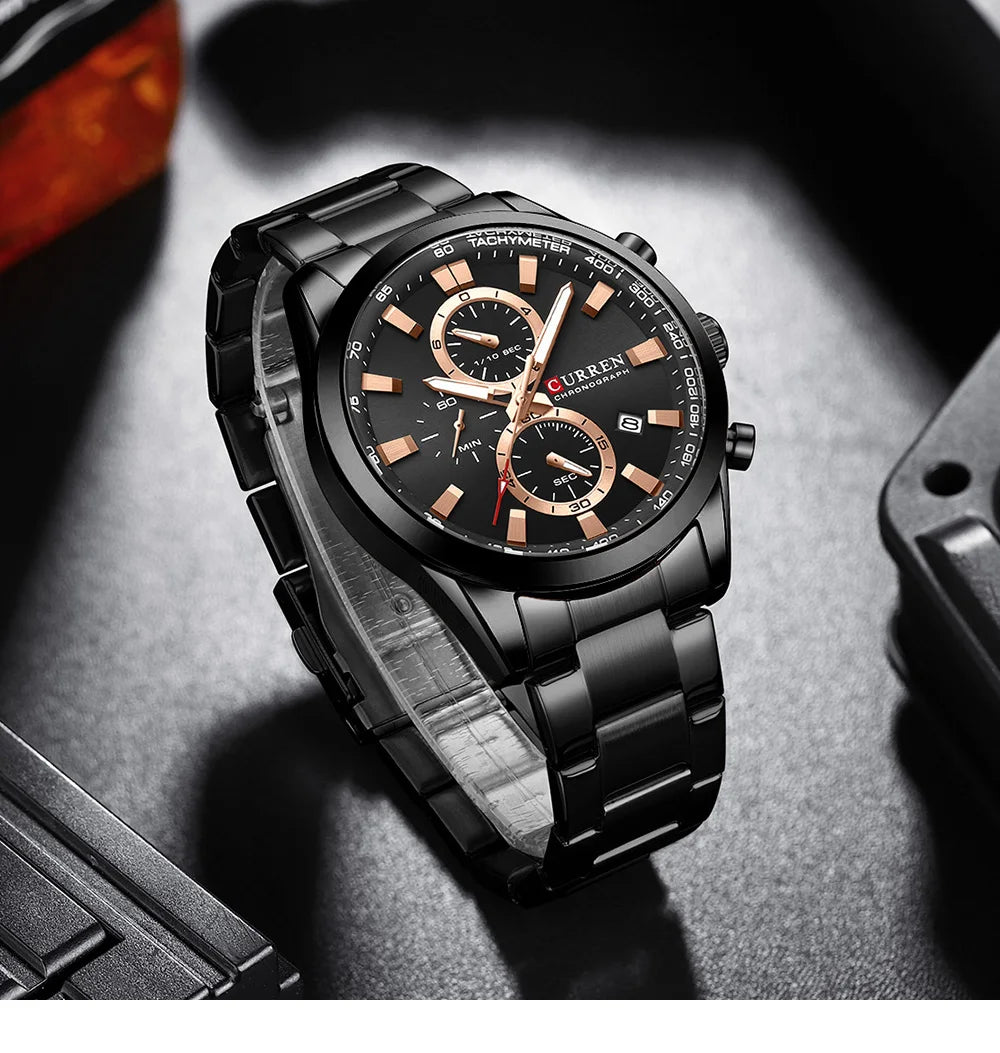 CURREN  New Sports Multifunction Stainless Steel Band Watches Fashion Brand Quartz Men's Wristwatches with Date