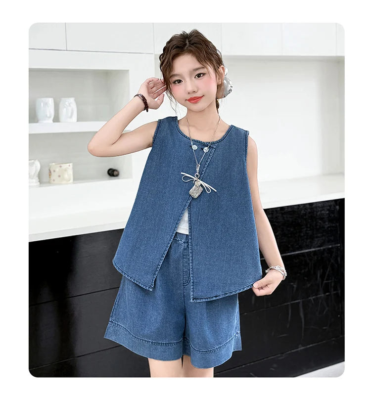 High Fashion Children Summer Denim Suit for Girls Casual Vest + Shorts 2 Piece Clothing Set Kids Trendy Street Outfit Age 5-14 Y