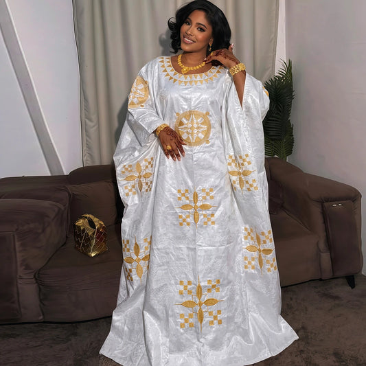 White And Gold African Women Bazin Riche Boubou Dress Original Nigeria Basin Rich Wedding Party Dashiki Gown Shining Robe