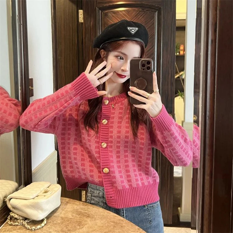 Y2k Pink Women Cardigan Korean Sweet Plaid Long Sleeve Female Sweaters Harajuku New O Neck Preppy Style Ladies Tops