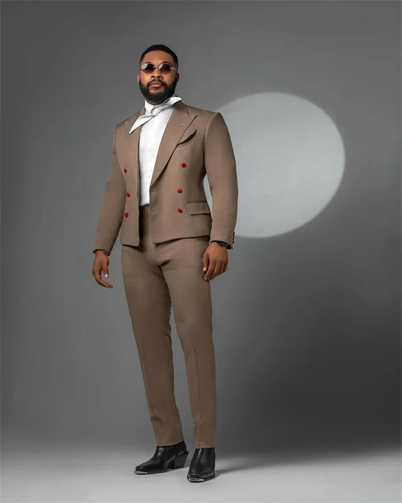 Brown Men Suits Set 2 Pcs Blazer+Pant Trousers Cotton Wedding Tuxedo Red Double Breasted Formal Office Groom Male Jacket Coat