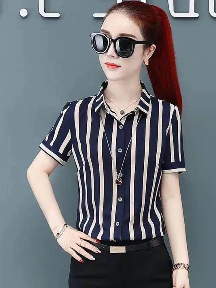 Fashion Women Spring Summer Style Blouses Shirts Lady Casual Office Work Wear OL Short Sleeve Striped Blusas Tops