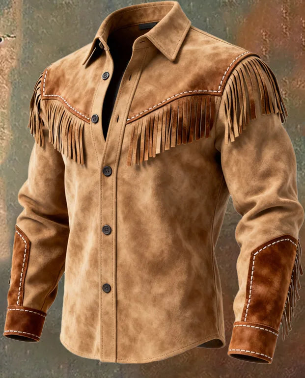 New Men's Tassel Fur Jacket, Western Denim Long Sleeved Jacket, Motorcycle Style Fashionable Patchwork Lapel Top, European Sizes