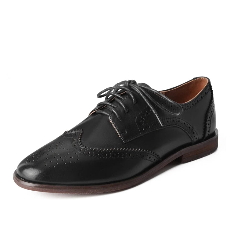 Women's New Round Head Burnt Flower Inner and Outer Leather Cowhide Lace up Large Low Heel Block Oxford Shoes