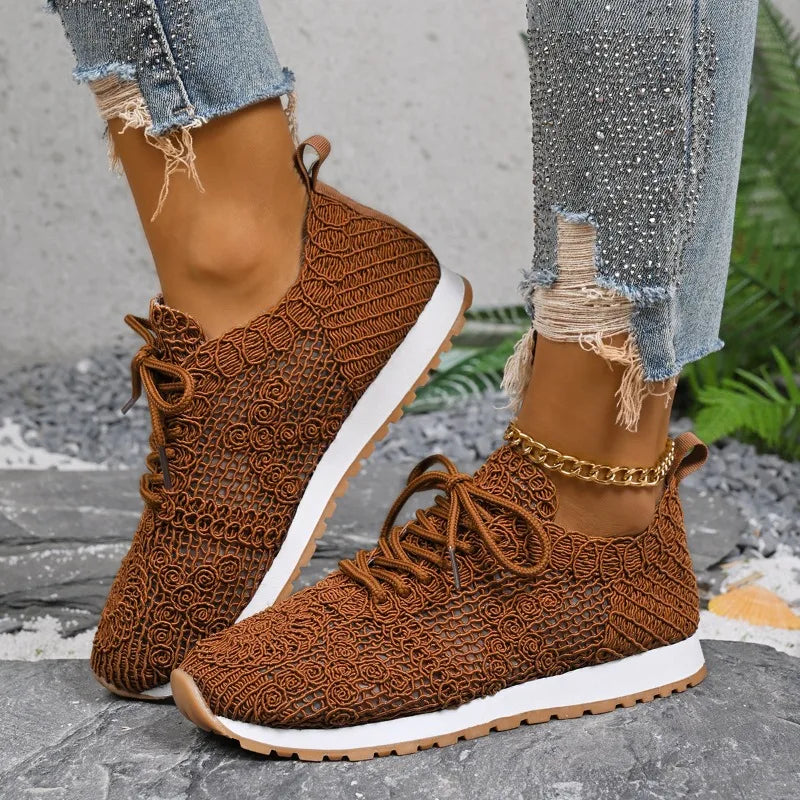 2026 Brown Knit Breathable Womens Sneakers Shoes New Platform Flats Woman Plus Size 43 Non Slip Casual Shoes Mesh Tenis De Mujer