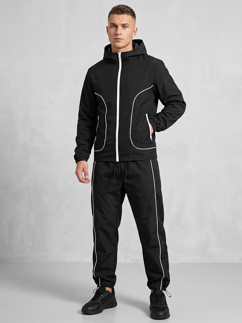 Men's Trendy 2 Piece Tracksuit Set Hooded Full Zip Windbreaker Jacket Coat Tops Quick Dry Athletic Jogger Pants Trousers