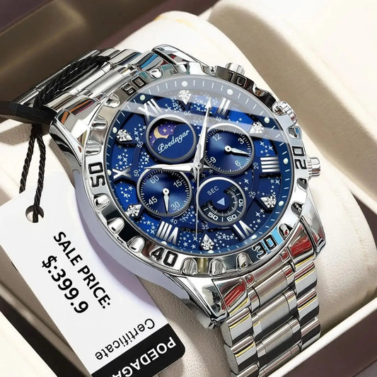 POEDAGAR Trendy Men Watch Chronograph Waterproof Luminous Stainless Steel Man Wristwatch Luxury Business Quartz Watches For Men