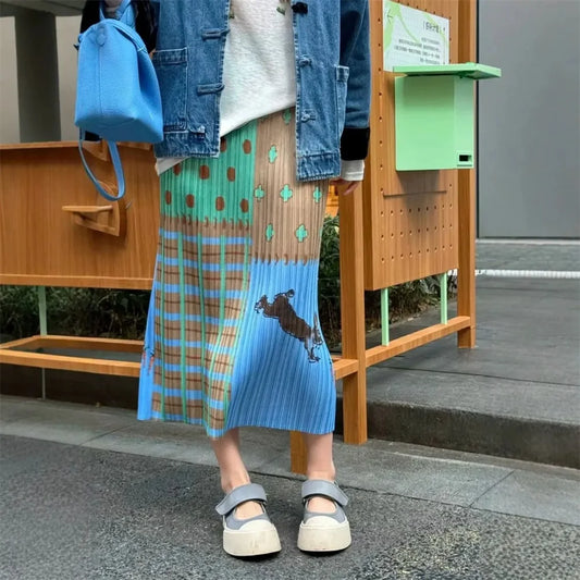 Pleated Printed Skirt Plisse Unique 2026 Summer New Side Slit Printed Office Ladies Jupe Casual And Versatile Fold A-Line Skirt