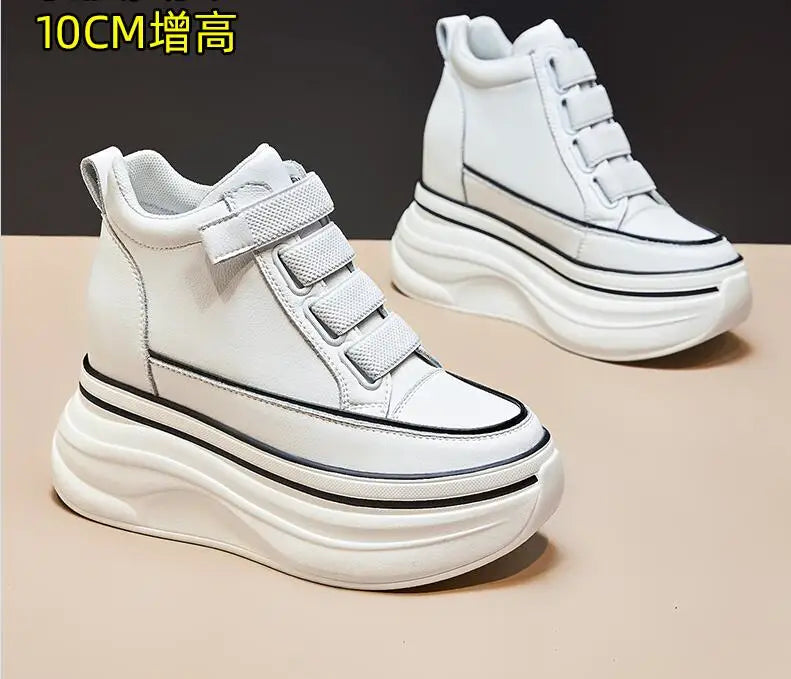 10cm Genuine Leather Platform Wedge Mid Calf Ankle Motorcycle Booties Non Slip Hidden Heel New Women Slip-On Autumn Spring Shoes