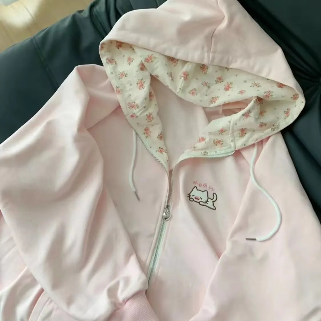 Harajuku Korean  Kawaii Hooded Coat Women Thin Long Sleeve Zipper Cardigan Y2K Streetwear New Mid-length Loose Jackets