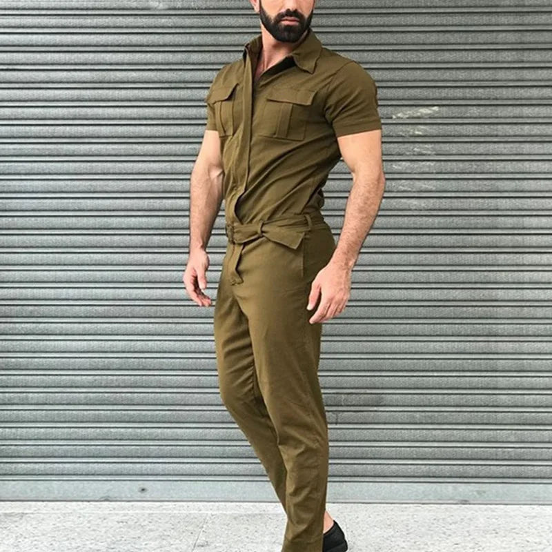 Multi-pocket Overalls Men's Jumpsuits Short Sleeves Trousers Suits Zippered Jumpsuits Men's Overalls Belted Jumpsuits