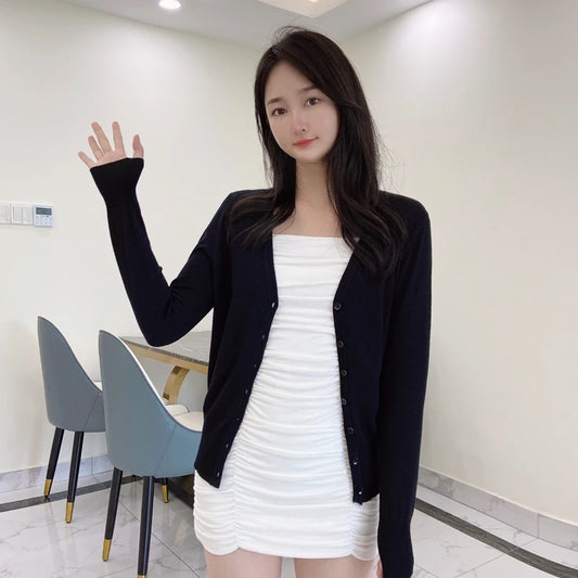 Korean Fashion Black Cropped Blouses Cardigan Female Clothing Sweaters Jersey Long Sleeve Top Women's Coat Spring 2025 Style