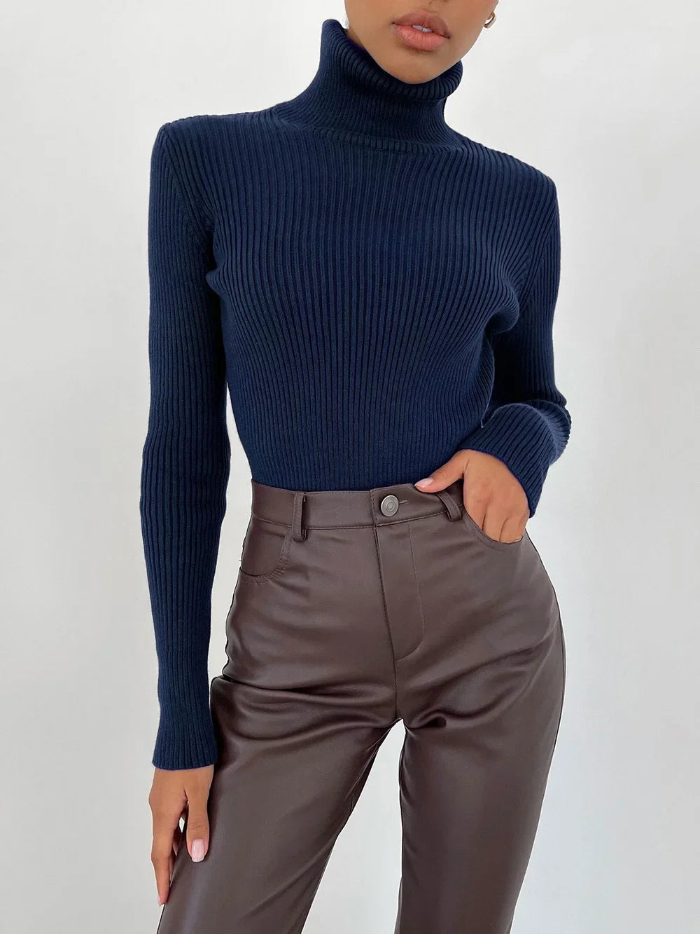 AOSSVIAO 2026 Basic Mock Neck Ribbed Sweaters for Women Cute Sexy Knitted Autumn Winter Warm Fitted Fashion Pullover Sweater