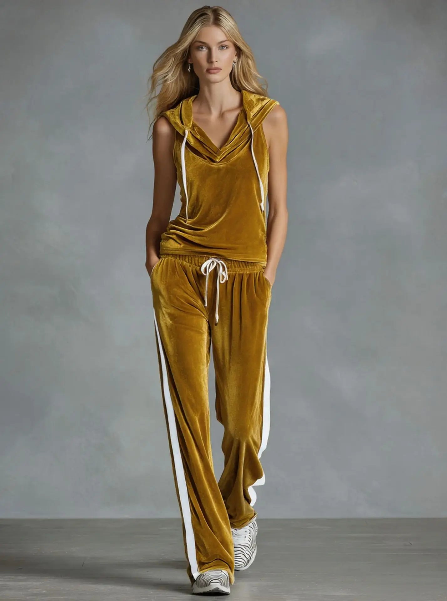 Casual Summer Trousers Set Fashionable Solid Color Loose Gold Velvet Sleeveless Hooded Top Lace-up Trousers Sports Two-piece Set