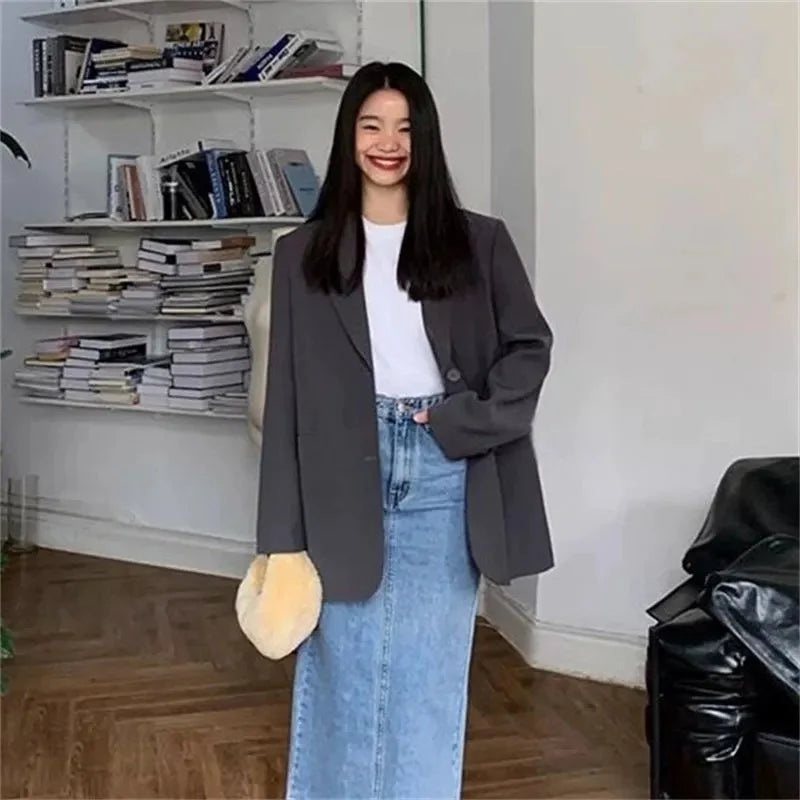 Back Slit Design Blazer Coat For Women Casual Korean Streetwear Chic Long Sleeve