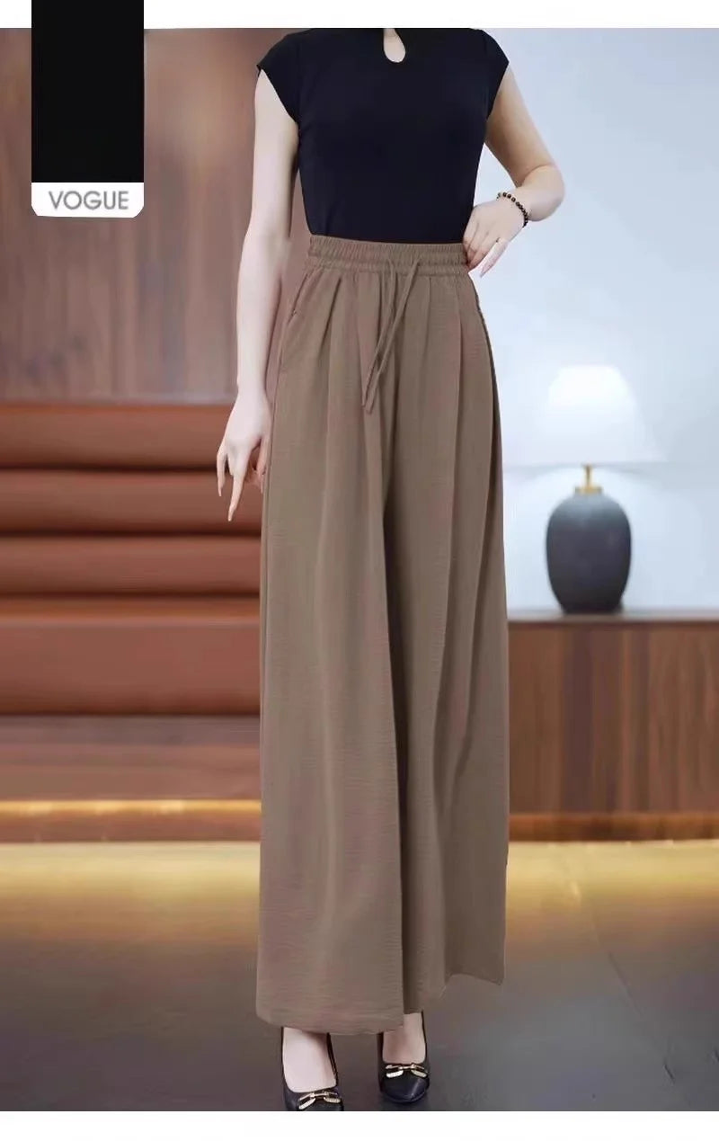 Ice Sensation Women's Summer 2025 New Wide Leg Pants Loose Casual Long Trousers Mom Korean Sle High Waist Polyester Fiber