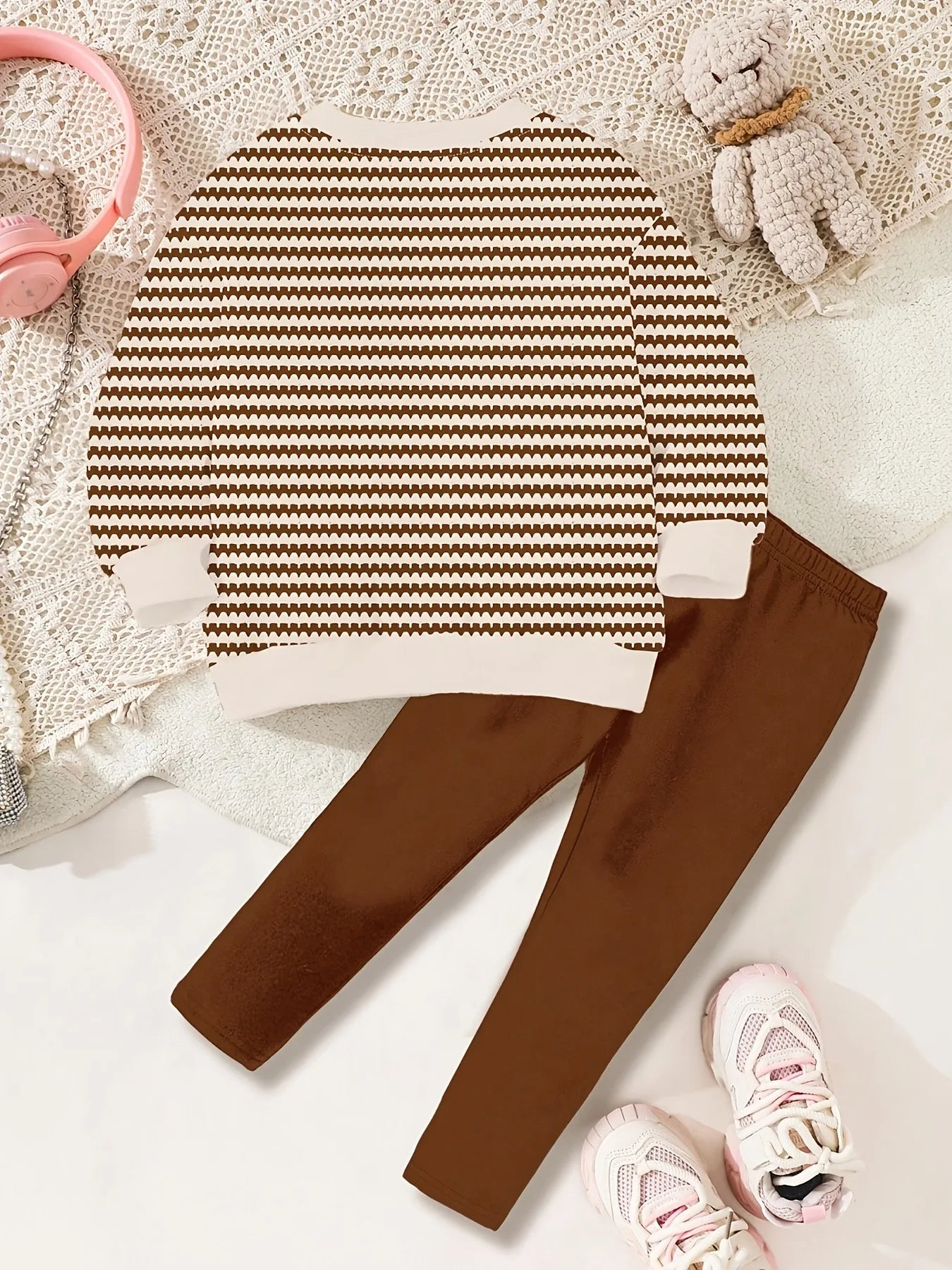 Kids Girls 2-Piece Casual Set, Brown & White Wavy Striped Flower Print Sweatshirt + Solid Brown Leggings Loungewear Outfit
