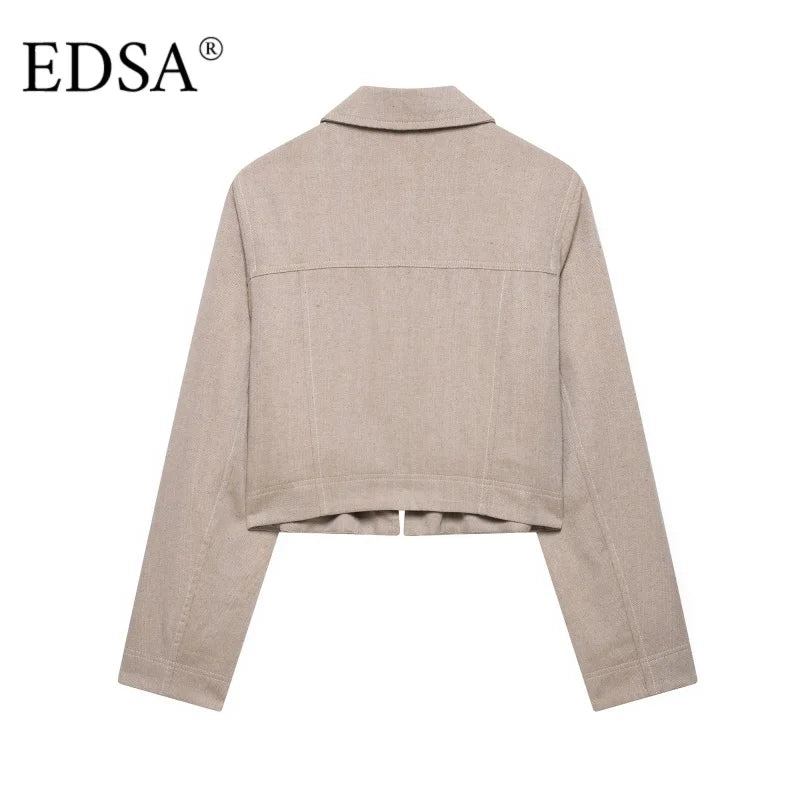 EDSA Women Khaki Herringbone Pants Set Cropped Jacket Long Sleeves Side Zip Low-rise Straight Leg Long Trousers Female Suits