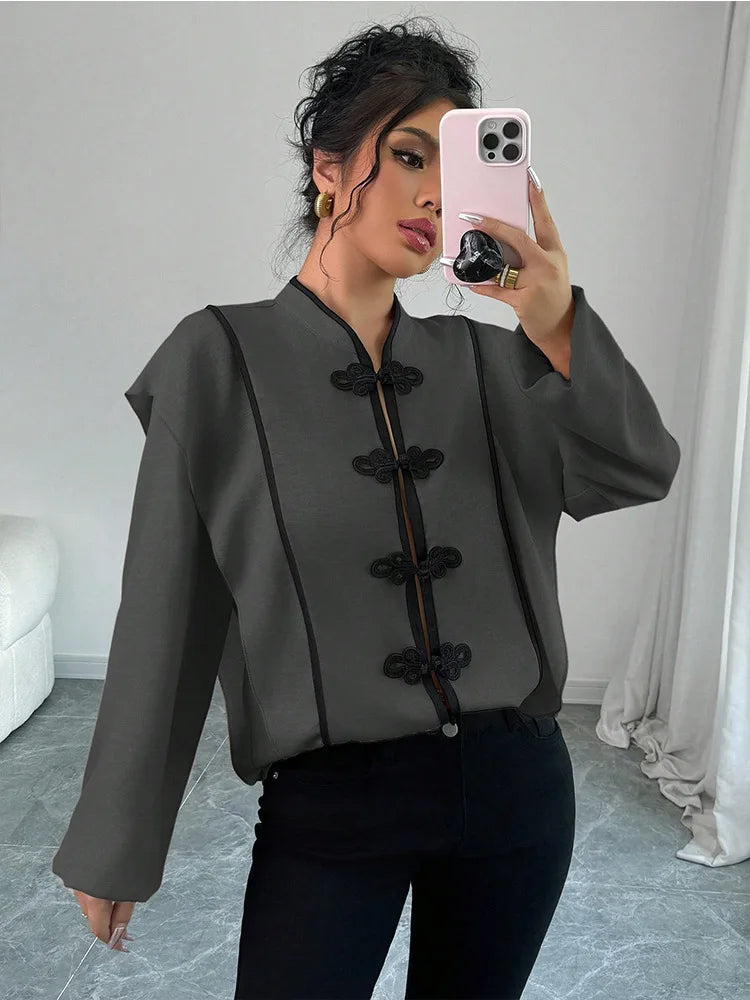fashion Europe America Features Chinese Knot Design Long-sleeved Ethnic Style Which Casual The New Cross-border Women Shirt