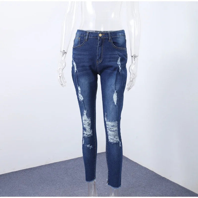 Women Ripped Jeans Low Waist Skinny Denim With Zipper Pockets Blue Y2K Summer