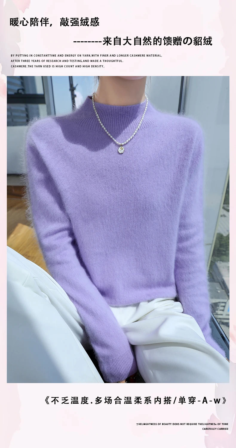 2024 Autumn And Winter New Women's Semi High Neck New Fashion Mink Sweater Long Sleeved Loose Sweater Slimming Knit Sweater Base