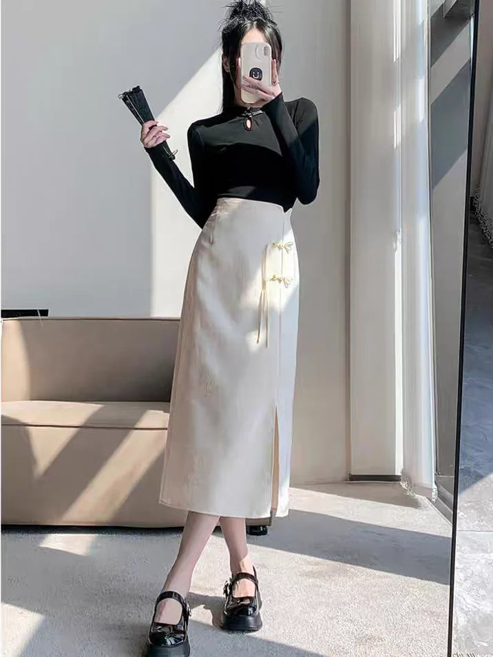 Chinese Style Skirts for Women Printed Casual Streetwear Elegant Female Spring Summer Chic Solid High Waist Simple New Trendy