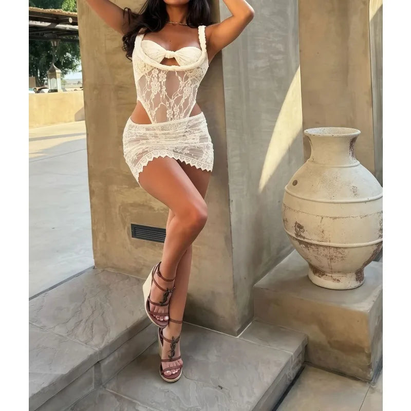 Beach Vacation Style Solid Color Lace Two-piece Set for Women 2026 New One-word Neck Sleeveless Swimsuit Short Skirt
