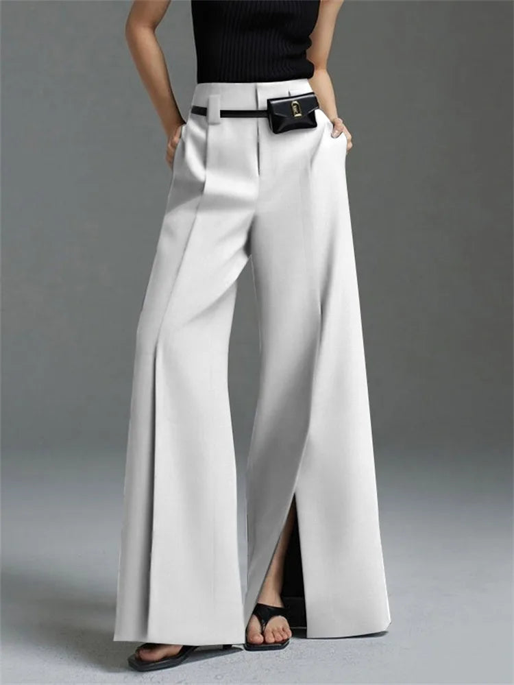 Yeezzi Women Business Suit Pants High Waist Pleated Split Front Trousers Black