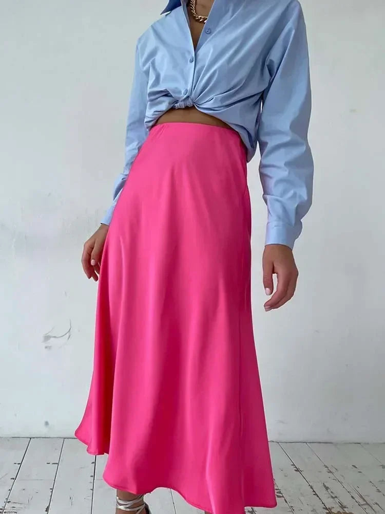 Elegant Women's Skirts High Waist Silk Satin A-line Skirt Lady Fashion Solid Color Purple Long Skirts for Women Fashion 2026