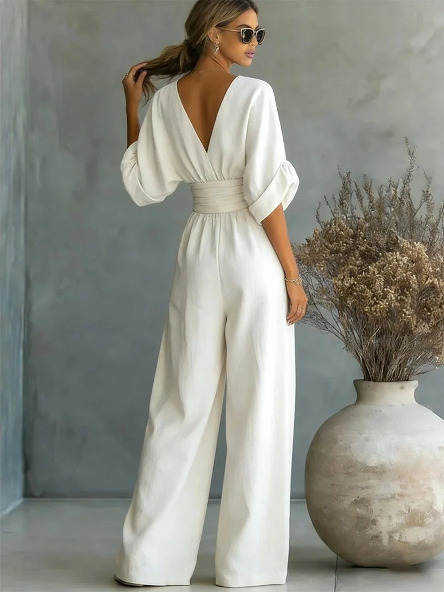 Women's Jumpsuit Fashion High Waist V-neck Casual Jumpsuits Sexy  Solid Color Office Wide Leg Trousers Overalls Vacation Outfit