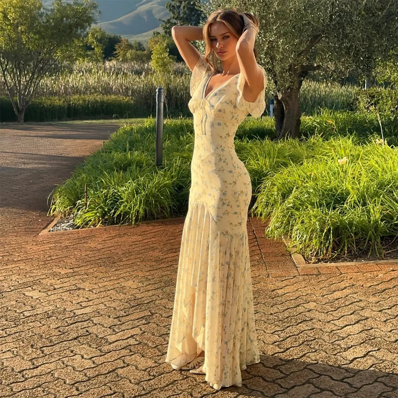 Vintage Print High Neck Midi Dress Belted Waist Bell Sleeve Flared Hem 2026 Summer Spring Chic Women Elegant Wedding Guest Gown