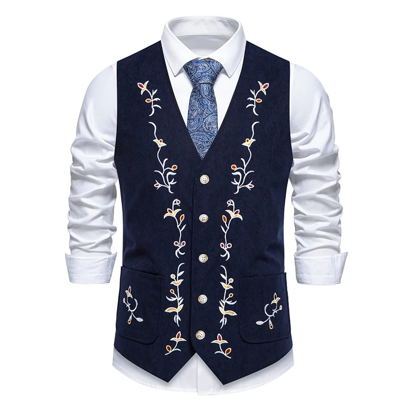 Mens Suit Vest Fashion Slim Fit Embroidered Men Waistcoat Tops Slim Business Vest Waistcoat Man England Style Male Leisure Sets