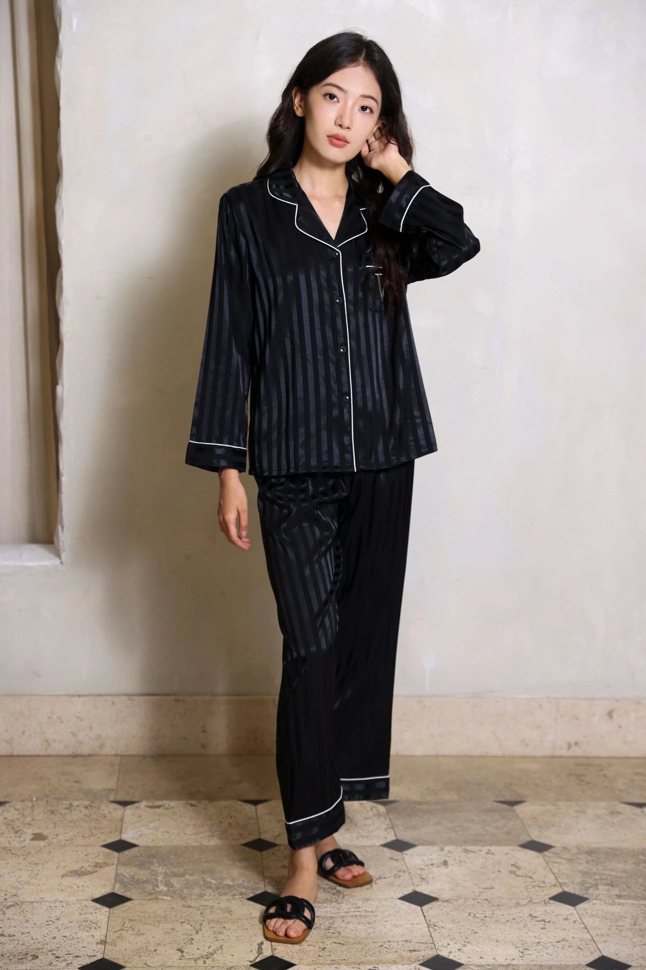 Silky Satin Pajama For Women Striped 2PCS Sleep Set Homewear 2025 Spring New Long Sleeve Trouser Suits Loungewear Nightwear