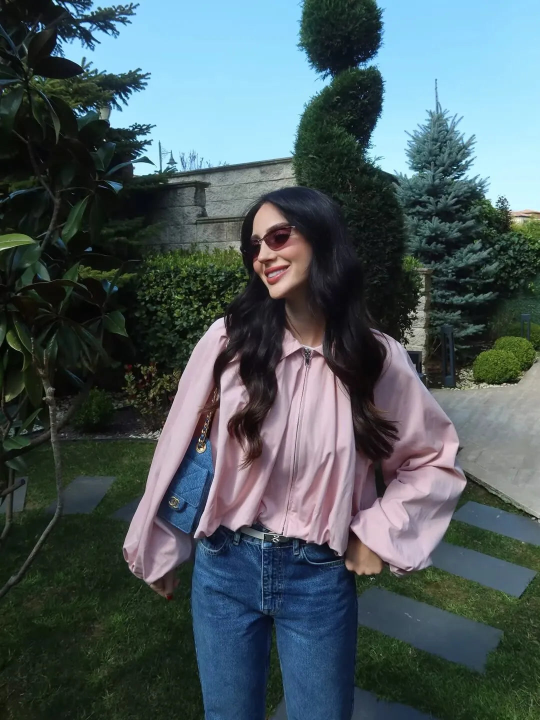 YENKYE New 2026 Women Pink Puff Sleeve Pleated Bomber Jacket Front Zipper Casual Loose Crop Coat