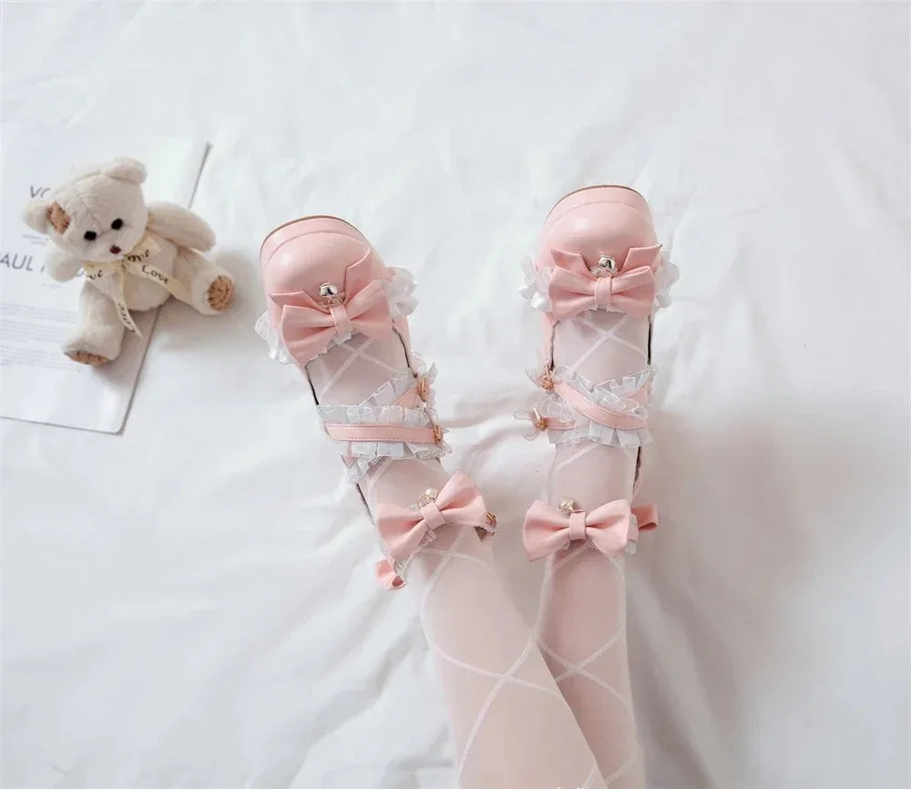 2025 Women High Heels Cross Strap Mary Jane Pumps Party Wedding White Pink Black Ruffles Bow Princess Cosplay Lolita Shoes 41