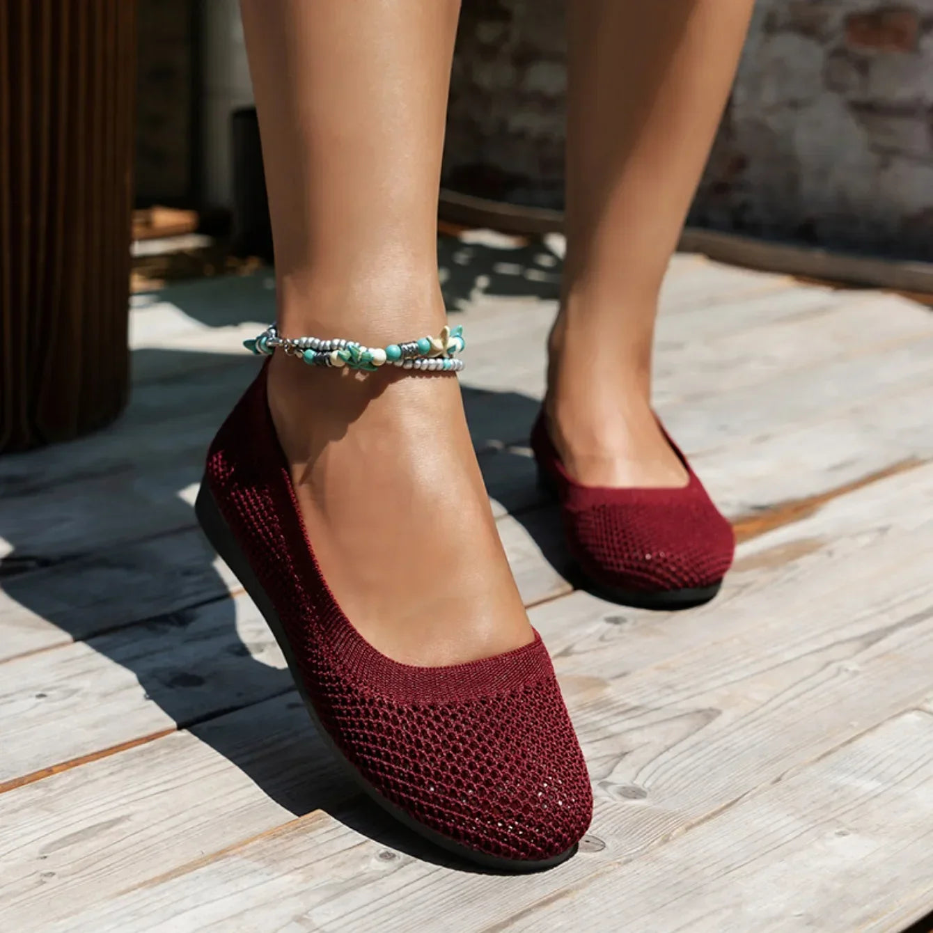 Women Round Toe Flat Shoes Solid Color Knitted Slip on Shoes Casual Breathable Ballet Flats Women Mesh Flat Shoes Loafers Woman