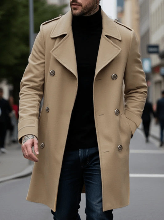 Jacket-Foiled Coat-Overcoat For Men Early Autumn Plus Thick Woolen, Double-Breasted Casual Commute & Outdoor Travel New Arrival