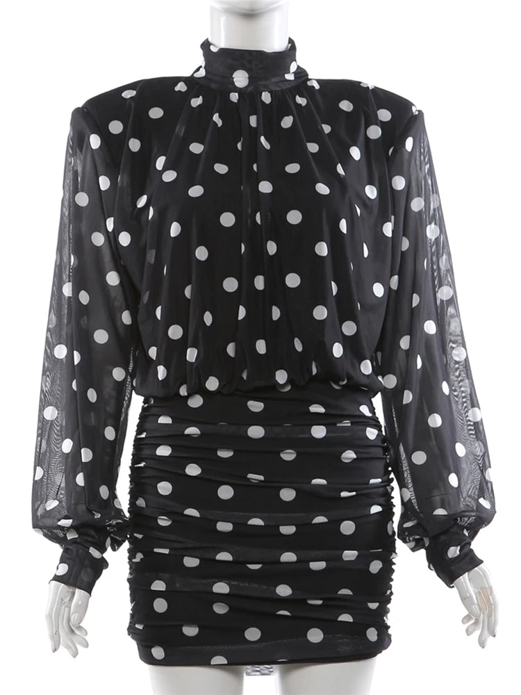 Nibber See Through Mini Dress Woman Turtleneck Mesh Full Sleeve Polka Dot Print Skinny Peach Hip Street Ruched Elegant Bodycon