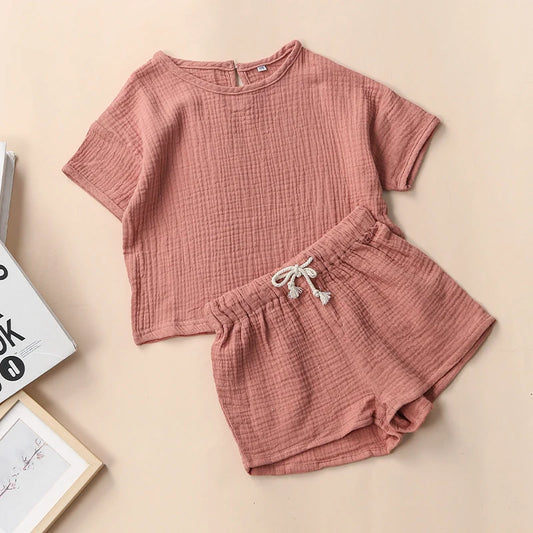 Children's Casual Daily Suit 100% Cotton Muslin Summer New Boys And Girls Loose T-Shirt + Drawstring Shorts 2pcs Sets
