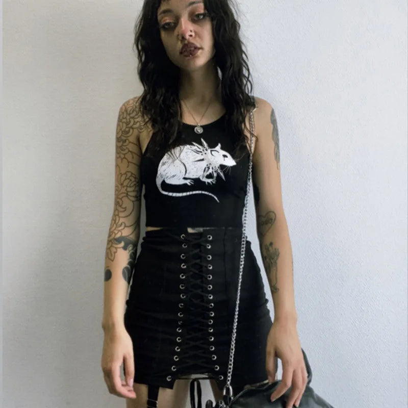 Mouse Print Black Tank Goth Sexy Bodycon Cropped Tops Women Streetwear Harajuku O Neck Knitted Basic Tank Top