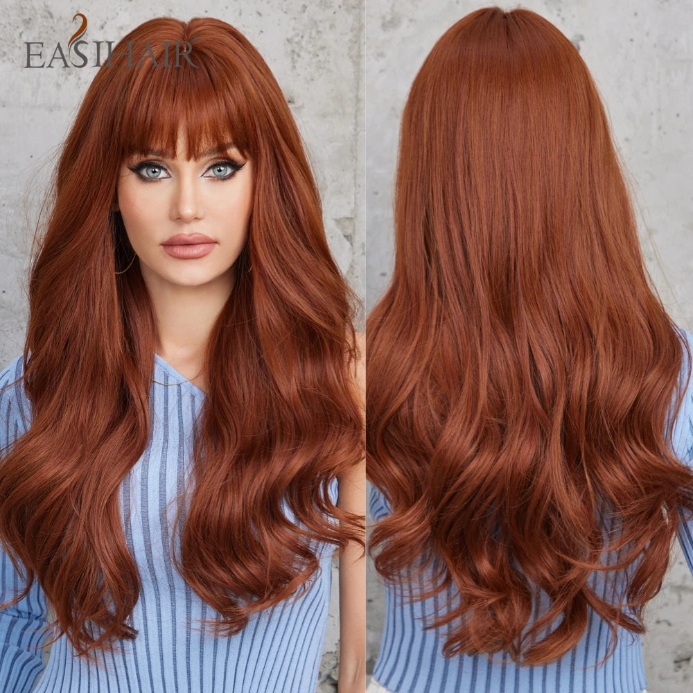 EASIHAIR Dark Brown Long Curly Synthetic Wig with Bangs Brown Women's Wigs for Cosplay Daily Use Heat Resistant Natural Hair