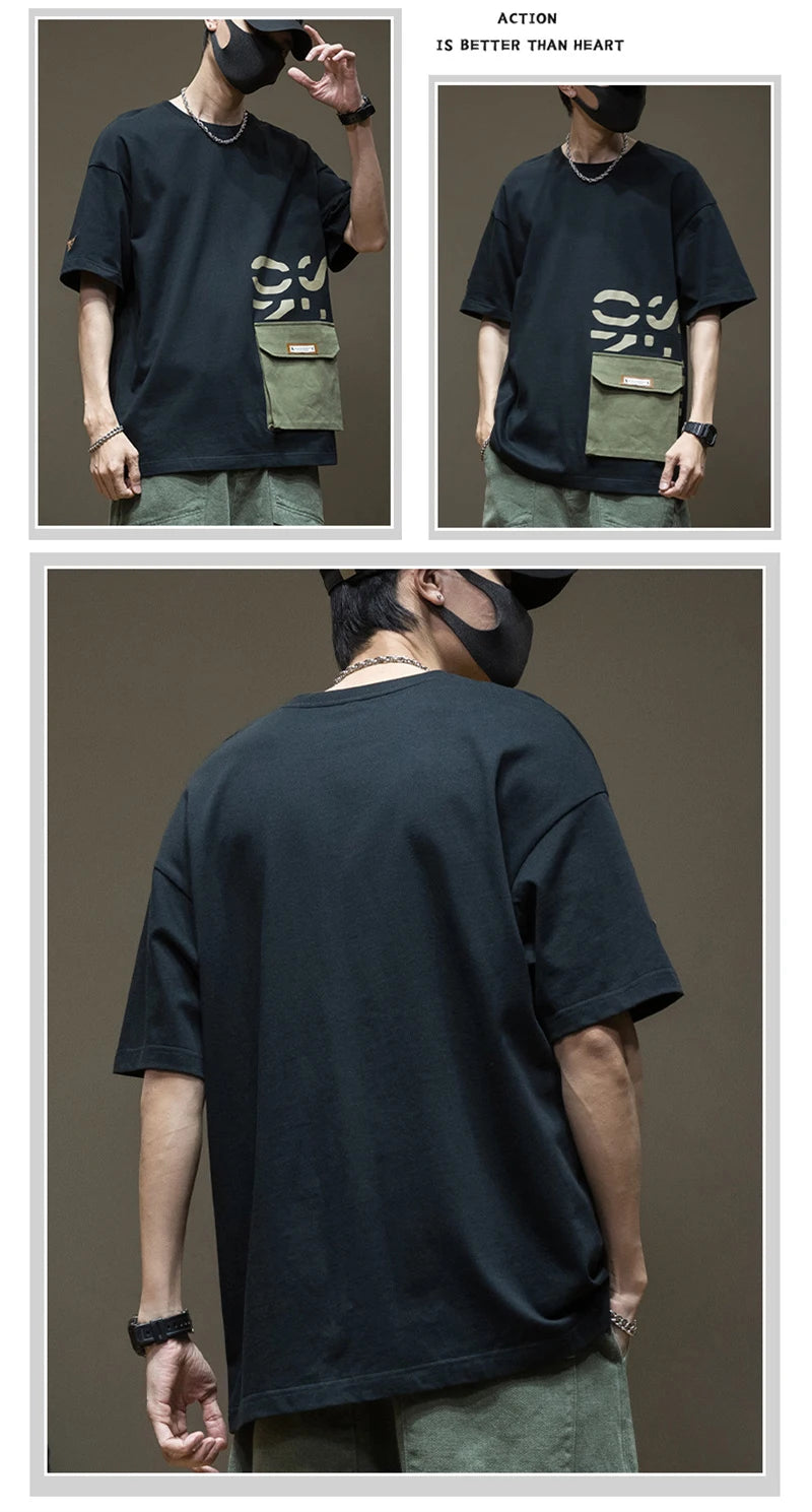 Summer Men's Short Sleeve Letter Printed T-shirt With Cargo Pocket Casual Cotton O-Neck Tops Y2K Streetwear Oversized Tee Shirts