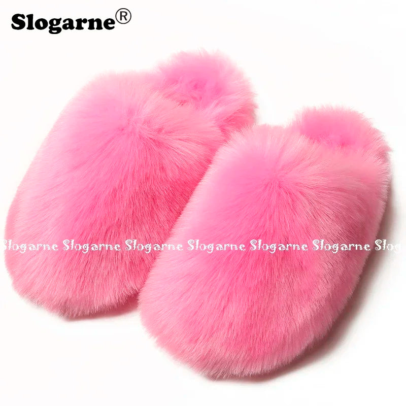 Ladies Winter High Quality Fox Fur Slippers Women Warm Fur Slides Girls Luxury Furry Slippers Soft Comfortable Home Cotton Shoes