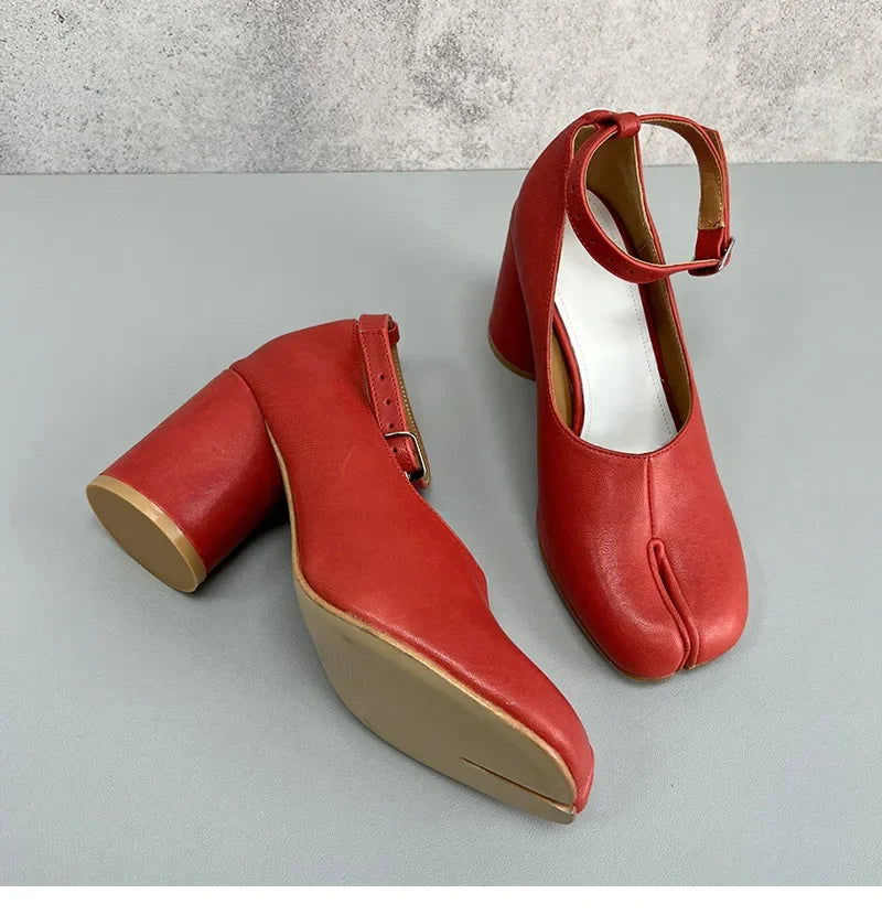 Vintage Spring Fashion Slipt Toe Tabi Women Pumps Chunky Round Heeled Ankle Strap High Heels Patent Leather Party Shoes