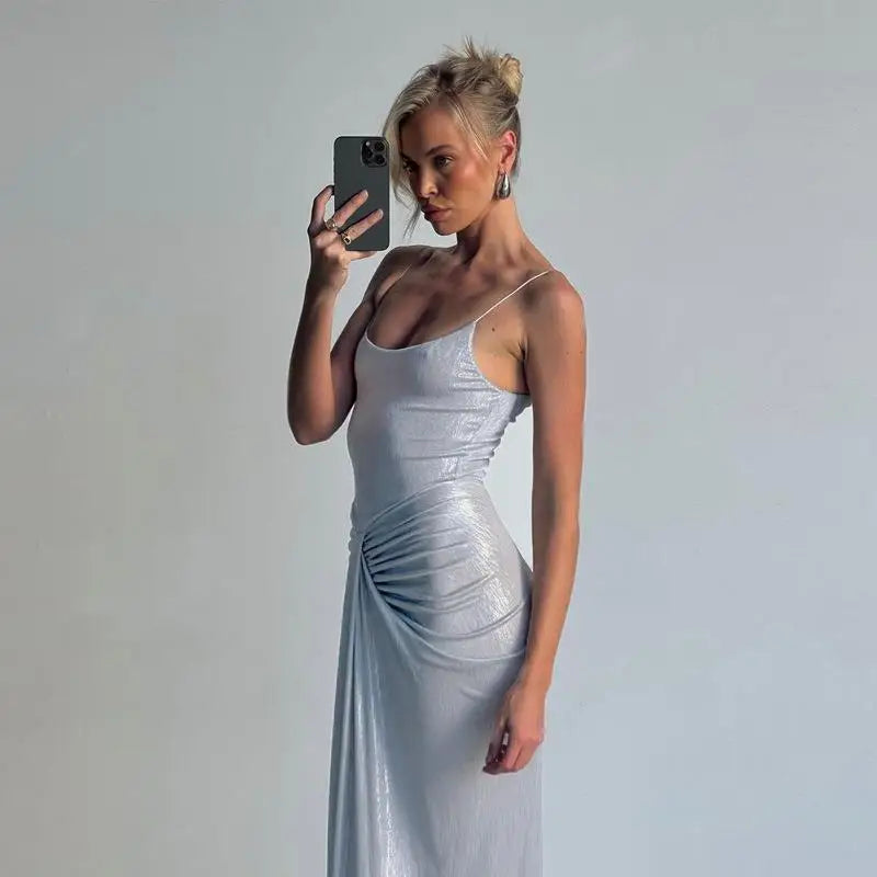 Sexy Royal Sister Style European and American Women's Clothing Fashion Wrinkled Kink Waist Tall Slim Long  Suspender Dress