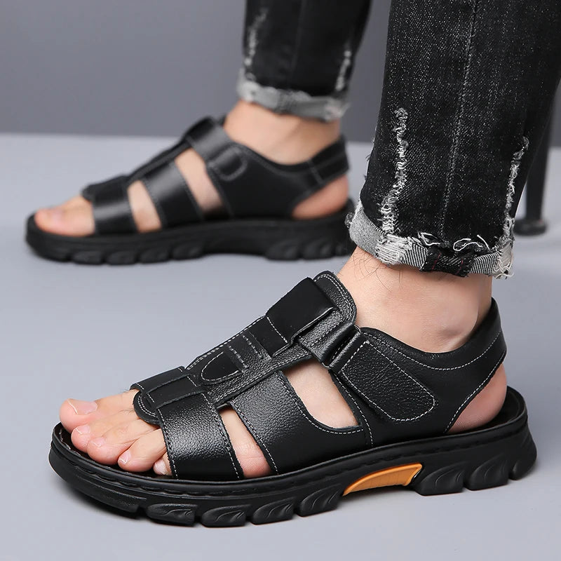 Men's Sandals Adjustable Solid Color Shoes Summer Casual Comfort with Durable Rubber Sole, Breathable PU for Outdoor Walking