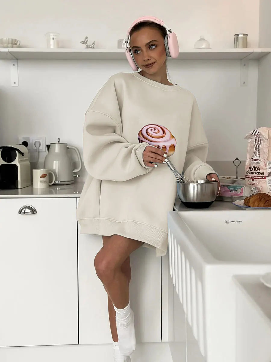 Sumuyoo Cake Printed Pullover Women's New Autumn Winter Plush Loose Slimming Long Sleeves Sweatshirts O-neck Pullover Hoodie