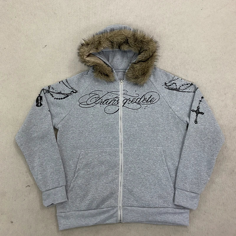 European And American High Street Printed Zipper Hoodie Loose Fit Sweatshirt