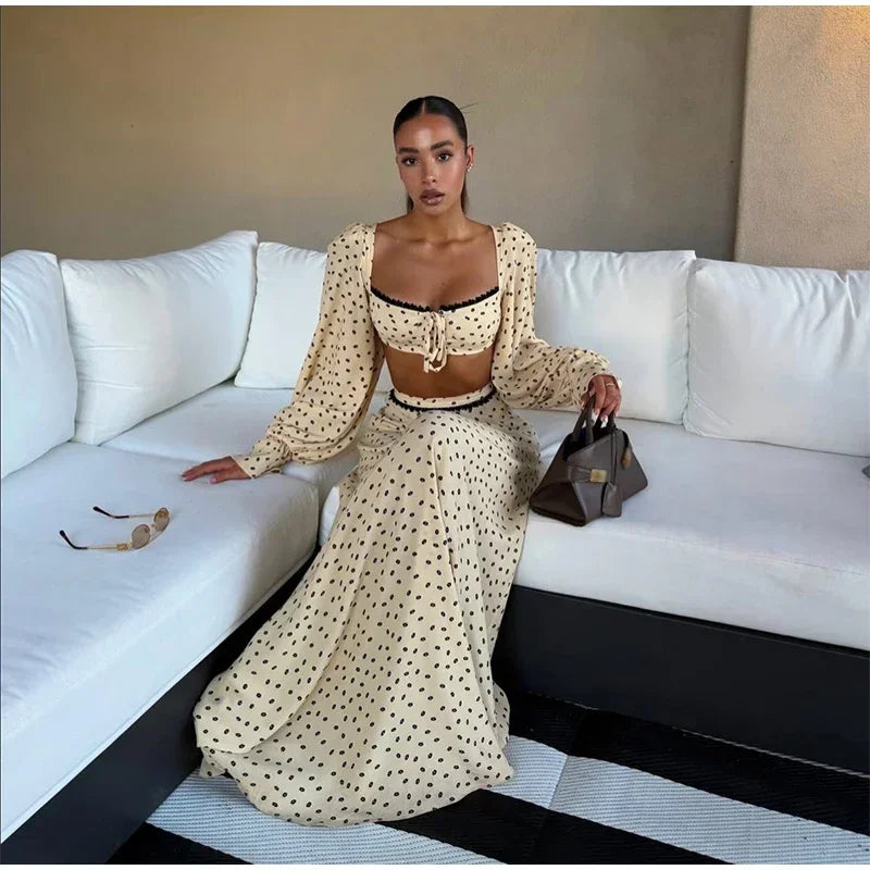 Fashion Women's Polka Dot Long Skirt Set Square Neck Lantern Sleeve Lace Crop Top High Waist A-line Skirts 2026 Summer Lady Suit